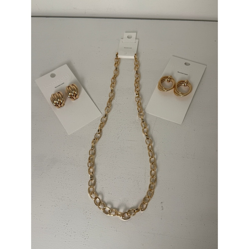 Kappahl Recycled Metal Gold Jewelry Set Oval Link Necklace & 2 Pairs Earring NEW